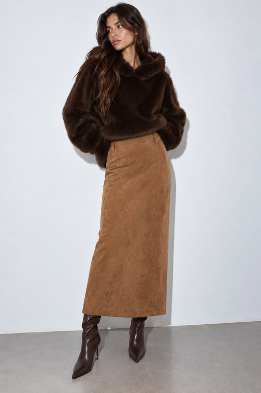 Chocolate Fur Hoodie & Camel Suede Set