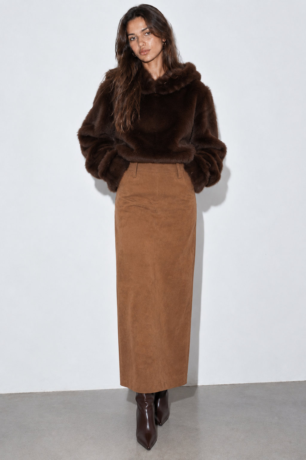 Chocolate Fur Hoodie & Camel Suede Set